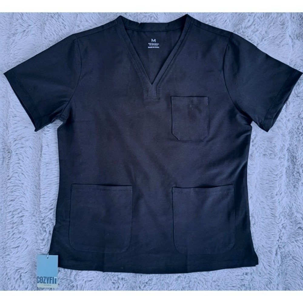 Cozyfit Women Black Scrub Top Medium V-Neck 3-Pocket Medical Nursing Workwear